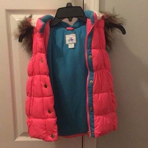 Girls fleece lined puffer vest with faux fur hood